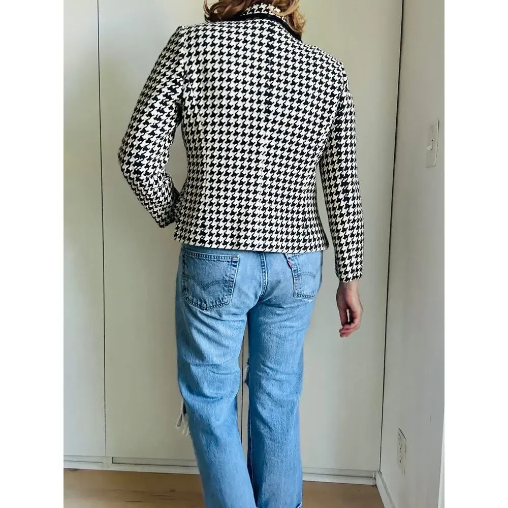Womens Houndstooth Cropped Blazer/Jacket size 2 Linda Allard Crm/Black Classic